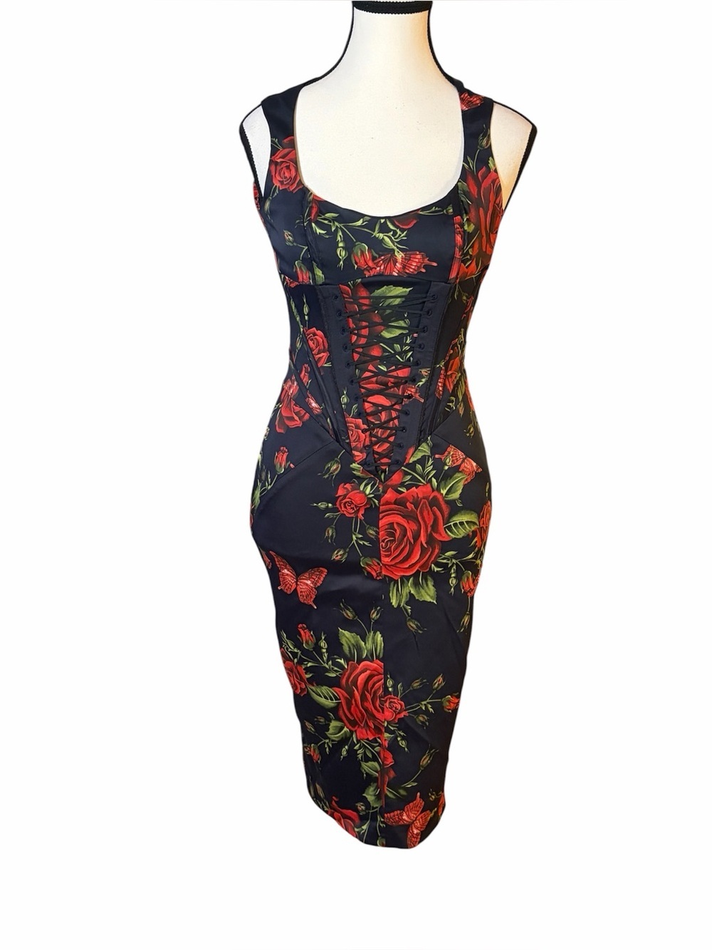 KAREN MILLEN Rose Satin Corset Basque Wiggle Dress Amy Winehouse Sz 4 Pencil VTG